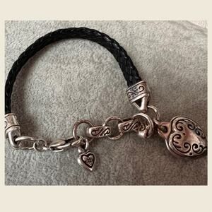 Brighton Black Leather Silver Tone Heart Charm Bracelet